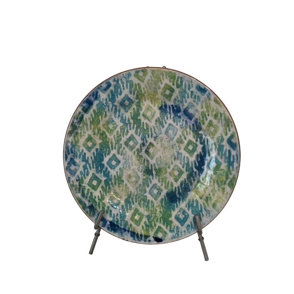 Pier 1 Monteo Salad plate Blue Green Geometric‎ Diamonds Terracotta 8.5"